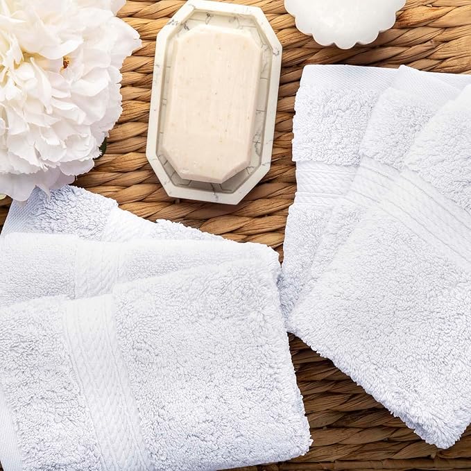 Superior Egyptian Cotton Pile Face Towel/Washcloth Set of 6, Ultra Soft Luxury Towels, Thick Plush Essentials, Absorbent Heavyweight, Guest Bath, Hotel, Spa, Home Bathroom, Shower Basics, White