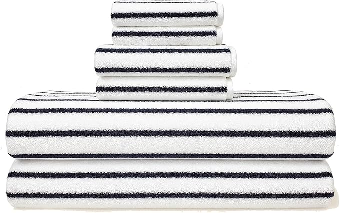 Italic Ultraplush Luxe 6 Piece Towel Set – 2 Bath Sheets, 2 Hand Towels, 2 Washcloths – 800GSM Highly Absorbent & Quick Dry, Resort Grade 100% Australian Cotton Towels, Striped (White & Blue)