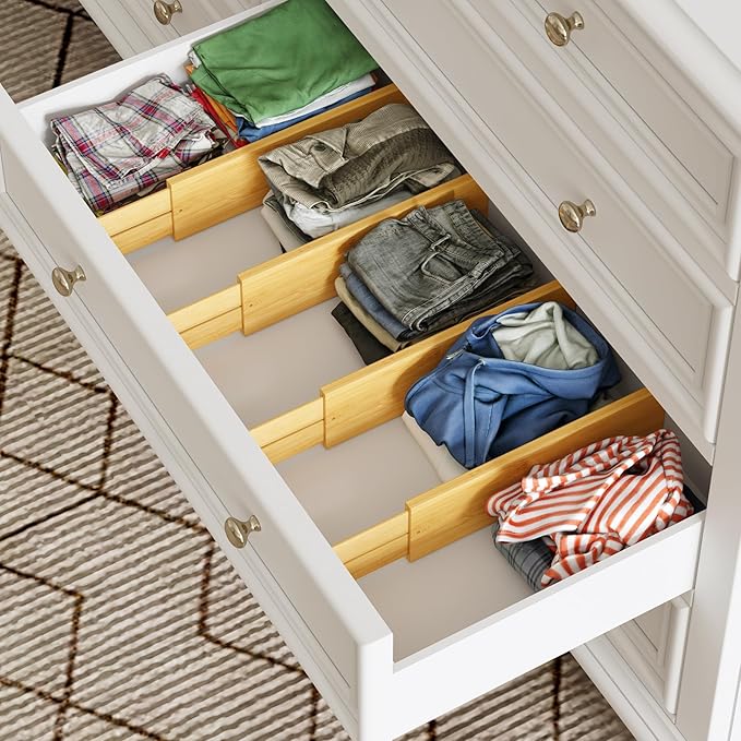 BAMEOS 4" High Drawer Dividers Bamboo Separators Organization Expandable Organizers for Kitchen Bedroom Bathroom Dresser Office 4-pack