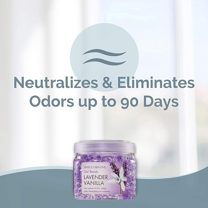 SMELLS BEGONE Odor Eliminator Gel Bead Value Pack - 72 oz - Air Freshener - Eliminates Odors in Bathrooms, Pet Areas, Boats, RVs & Cars - Made with Essential Oils - Lavender Vanilla Scent