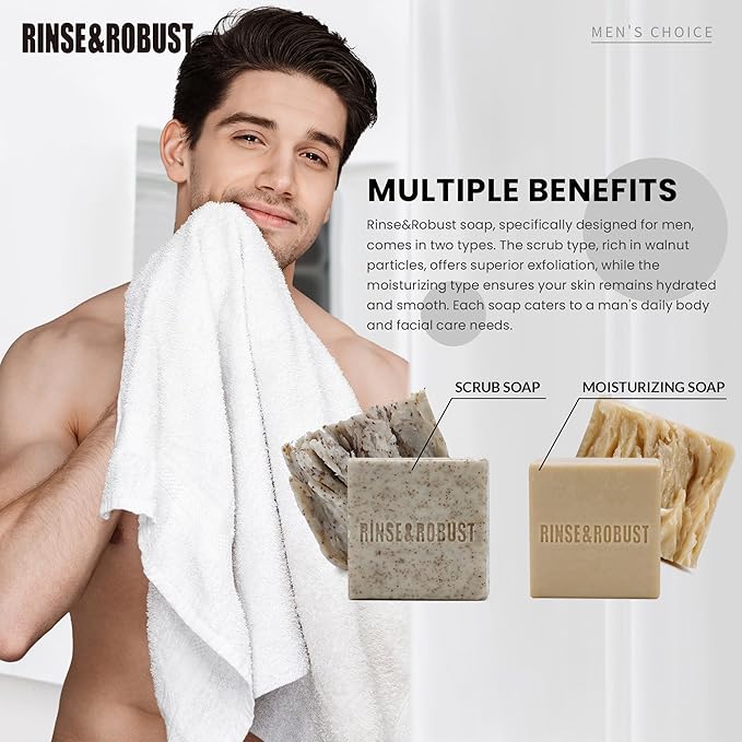 Rinse & Robust Mens Natural Bar Soap 6Pcs Handmade Cleansing Moisturizing&Exfoliating Scrub Soap Set Gifts for Men Body&Hand All Skin Type 6 Different Scents 5.3 oz of 6 Bars