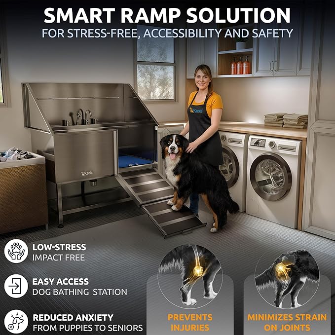 KANIS Professional Dog Washing Station - 304 Stainless Steel Pet Wash Sink & Grooming Bathtub w/Shower, Floor Grates and Storage for Large, Medium & Small Pets (50", Shelf - Right Ramp)