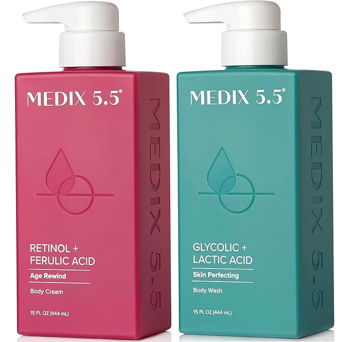 Medix 5.5 Exfoliating AHA Glycolic Acid Face & Body Wash Cleanser + Retinol Moisturizing Body Cream Lotion Skin Care 2PC Set | Alpha Hydroxy Acid & Lactic Acid Foaming Face Wash, 2-PC