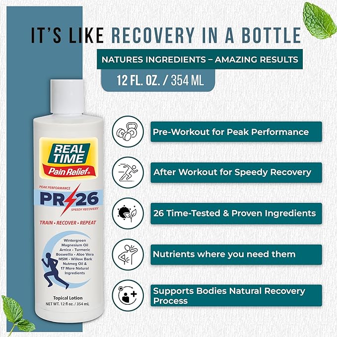 PR-26 by Real Time 12 fl oz Recovery Topical Lotion for Athletes - 26 Natural Ingredients Including Arnica, Magnesium Oil, Turmeric - Pre & Post Workout Muscle + Joint Rub for Your Athletic Lifestyle