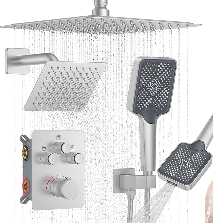 KOJOX Brushed Nickel Thermostatic Shower System, Push Button Diverter Shower Faucet Set with 12" Ceiling Mount Rain Shower, 6" Wall Mount Shower Head, and 4-in-1 Handheld Spray