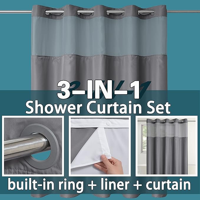 Conbo Mio No Hook Shower Curtain with Snap in Liner Set, Hotel Luxury Grey Fabric Shower Curtains for Bathroom with See Through Top Window, Washable, Waterproof 71W x 74H