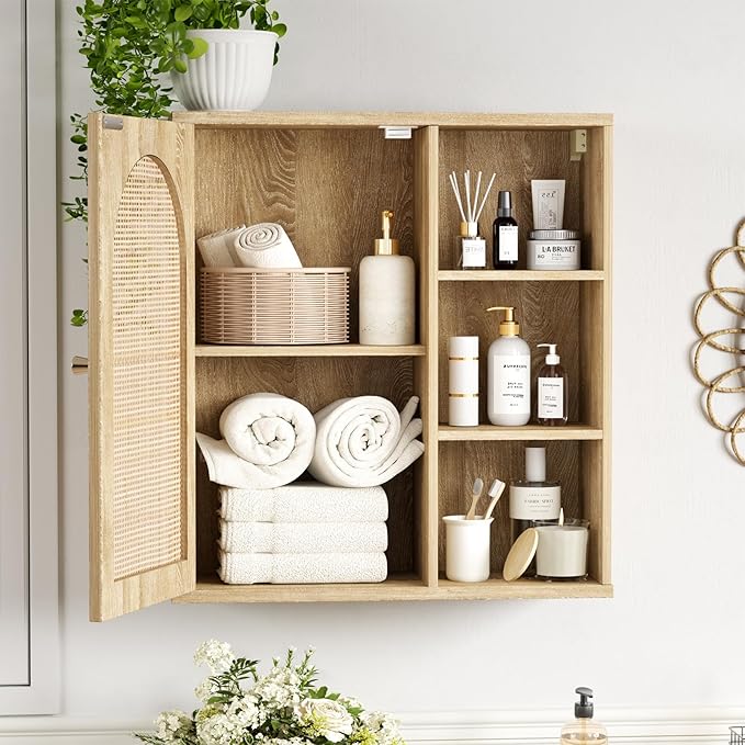 Rattan Bathroom Wall Cabinet with Door, Boho Medicine Wall Cabinets with Adjustable Shelves, Tall Kitchen Wall Mounted Storage Cabinet, Floating Hanging Cabinet Space Saver for Laundry Room, Natural