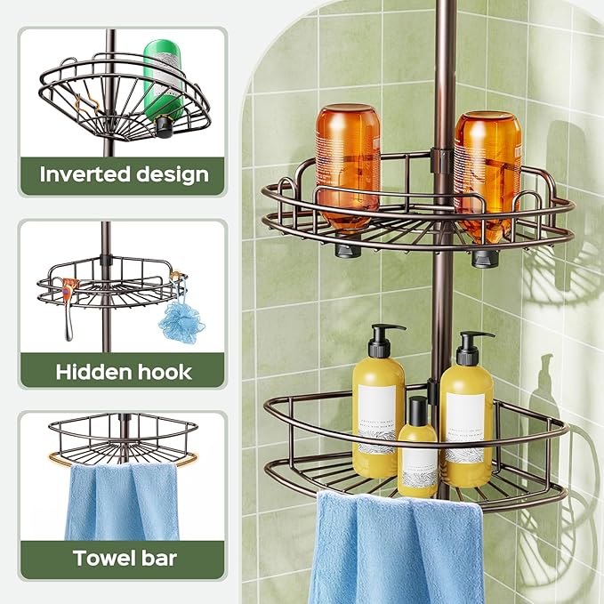 HAMITOR Corner Shower Caddy Tension Pole: 4-Tier Rust-Resistant Adjustable Bathroom Organizer Shelves - 47-121 Inch No-Drill Quick Installation - Space-Saving Storage for Renters Families - Bronze