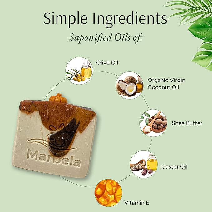 Marbela Cosmetics Pumpkin Sandalwood Handmade Soap Bar - Made in USA, Vegan Friendly, Palm Oil Free, Natural Bar Soap - Gentle Face & Body Soap for Daily Skin Care, Moisturizing & Nourishing - 3.5 oz