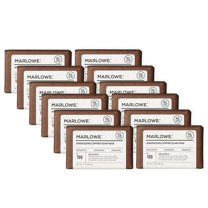 MARLOWE. No. 109 Coffee Bar Soap 7 oz (12 Bars) – Exfoliating Body Scrub for Men with Natural Extracts, Caffeine, Coffee Bean & Cocoa Butter – Energizing Fresh Brewed Scent