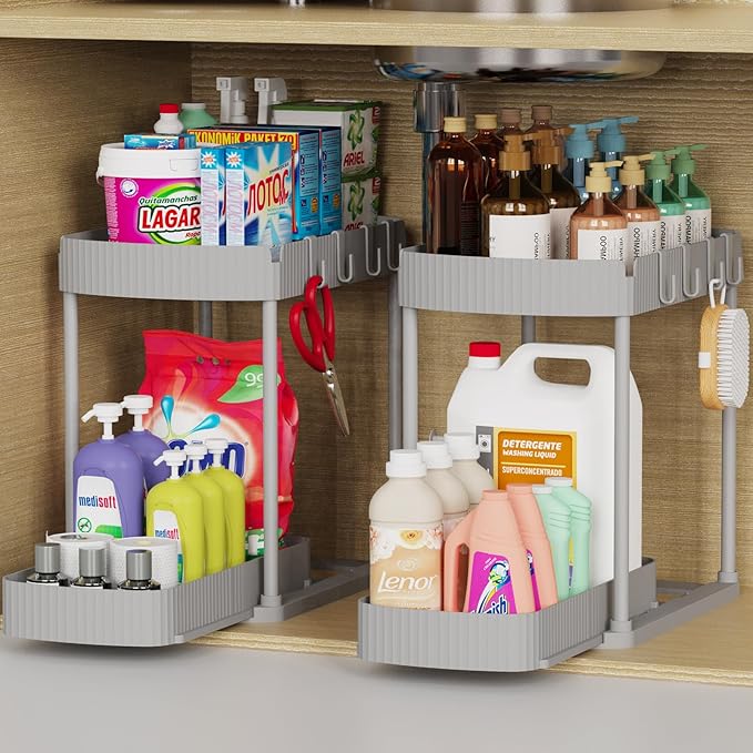 2 Pack Multi-Purpose Pull-Out Storage Organizers, Under Sink Organizers and Storage for Bathroom & Kitchen, Under Cabinet Organizers and storage, 12.8 Inch, Grey