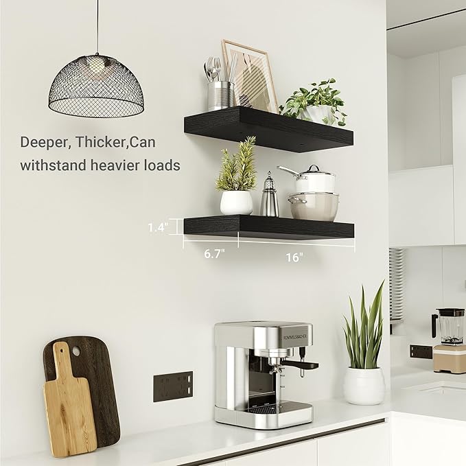 Vivelove Black Bathroom Shelves Over Toilet, 16" Floating Shelves, Wall Shelf for Bathroom Bedroom, Living Room, Kitchen, Office Home Decor, Narrow Shelves with Invisible Brackets Set of 2