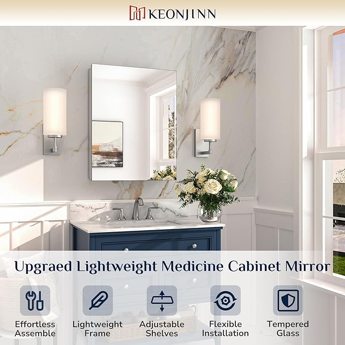 Keonjinn 20 x 26 Inch Medicine Cabinet for Bathroom, Silver Mirrored Medicine Cabinet, Assembly Required, Freely Adjustable Shelves, Tempered Glass, in Wall or Surface Mount