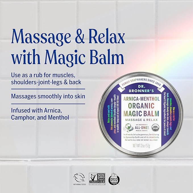 Dr. Bronner's - Organic Magic Balm - Arnica-Menthol, Made w/Organic Beeswax & Hemp Oil, Moisturizes & Soothes Hands, Face, & Body (2 oz, 2-Pack)