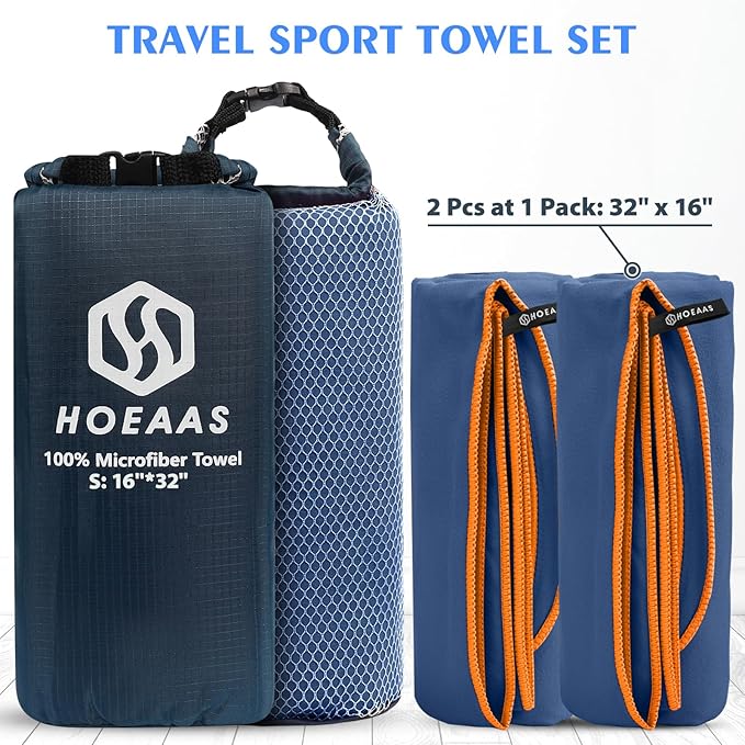 HOEAAS 2 Pack Microfiber Camping Towels, Quick Dry Towel, Super Absorbent Ultra Compact Travel Towel Soft Lightweight Sports Towel for Sweat Fast Drying Towels for Pool,Gym,Hiking,Backpacking,Fitness