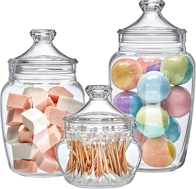 Amazing Abby - Embrace - Plastic Bathroom Canisters (3-Piece Set, 60/42/24 oz) (NOT Glass), Acrylic Apothecary Jars for Vanity, BPA-Free and Shatter-Proof, Great for Cotton Balls and Bath Sponges