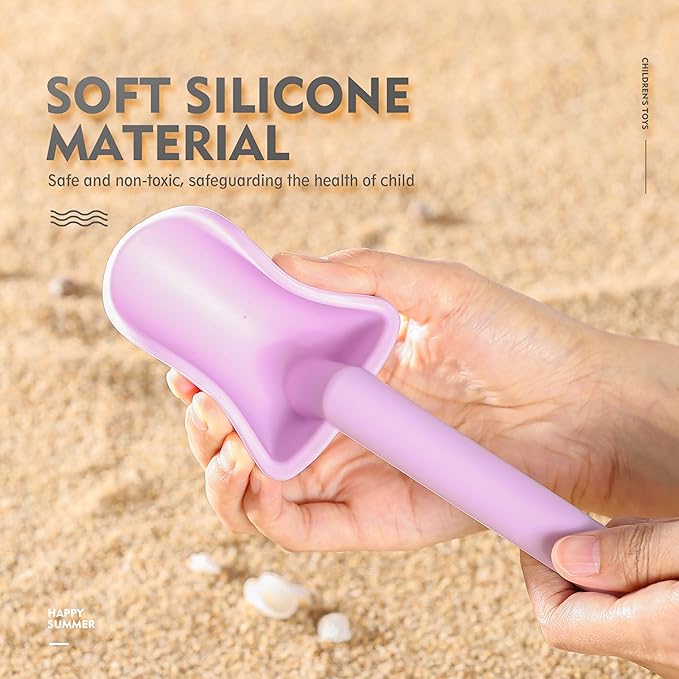 MarcZero 11Pcs Silicone Beach Toys,Modern Baby Beach Toys,Travel Friendly Beach Set,Eco Friendly Toy,Silicone Bucket, Shovel, 8 Sand Molds, Beach Bag,Silicone Sand Toys for Toddlers, Kids (Purple)