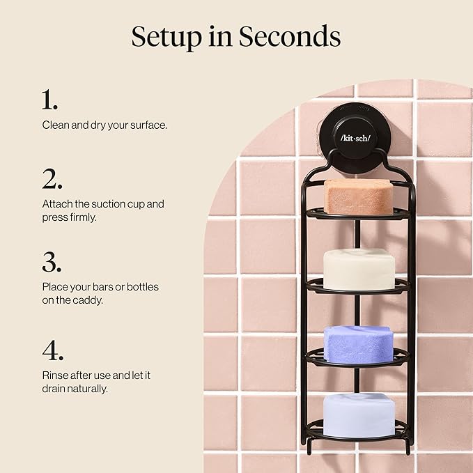 Kitsch Hanging Shower Caddy with Suction Cup – Self-Draining Bar Soap Holder & Shower Caddy for Shampoo Bars, Conditioner Bars & Soap – Rust Proof, Eco-Friendly, Wall Mount or Free-Standing Organizer