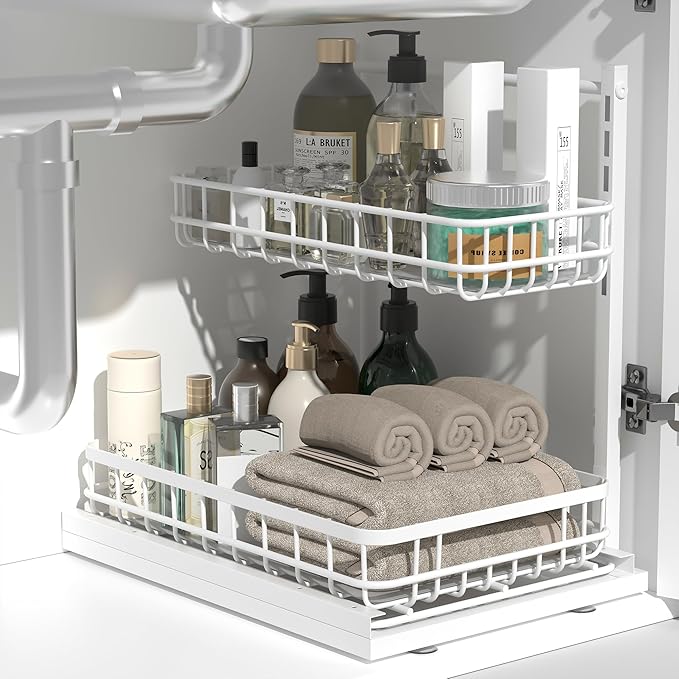 Under Sink Organizer, Adjustable Height Pull-Out Kitchen Storage Organization,15.8" x 11.8" x 16.5",2-Tier Kitchen Shelf,Bathroom Drawer Organizer, White