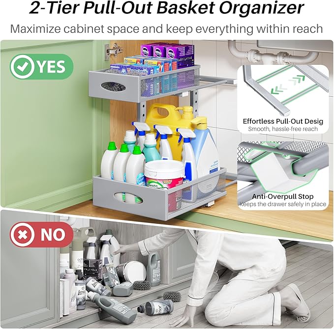 Under Sink Organizer, 2-Pack Pull Out Cabinet Organizer 2 Tier Metal Slide Out Storage Shelf Rack, L-Shaped Adjustable Height,Mesh Sliding Drawer for Kitchen, Bathroom, Laundry, Pantry, Grey, XL