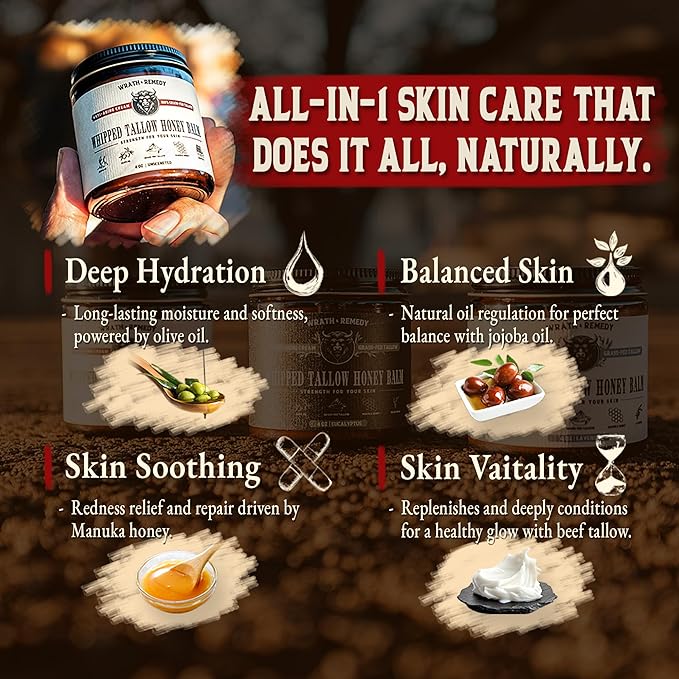 Organic Beef Tallow for Skin - 4 OZ (Vanilla) — Grass Fed Beef Tallow for face + Body — US-Made Whipped Tallow and Honey Balm Moisturizer for Dry and Sensitive Skin, Eczema, Rosacea (No Additives)