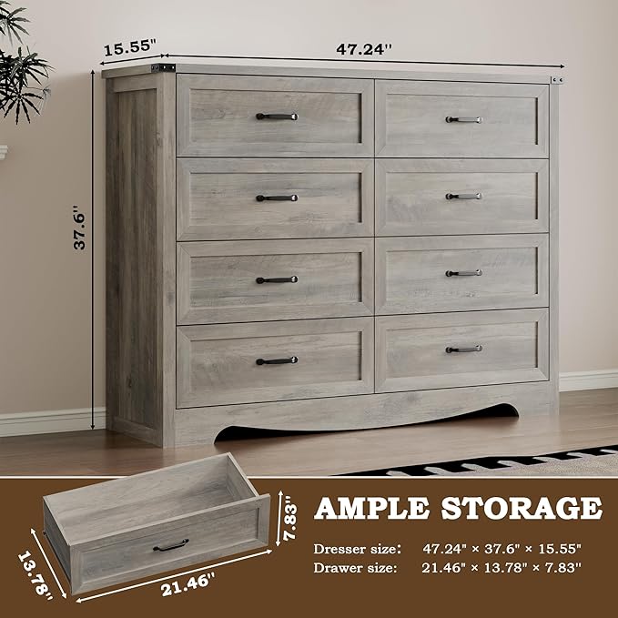 8-Drawer Dresser for Bedroom, Modern Wooden Chest of Drawers with Metal Handles, Anti-Tipping Design, Sturdy and Stable Storage Organizer for Living Room, Entryway, Home Office, Standard