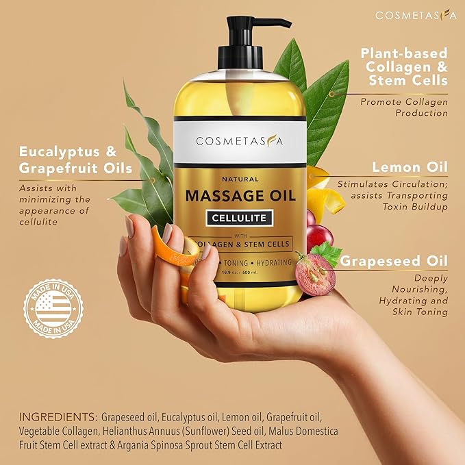 Large Cellulite Massage Oil with Collagen & Stem Cells- 100% Natural Cellulite Oil, Highly Absorbable, Deeply Penetrates The Skin- Firms, Tones, Tightens & Moisturizes Skin by Cosmetasa (16.9 oz)