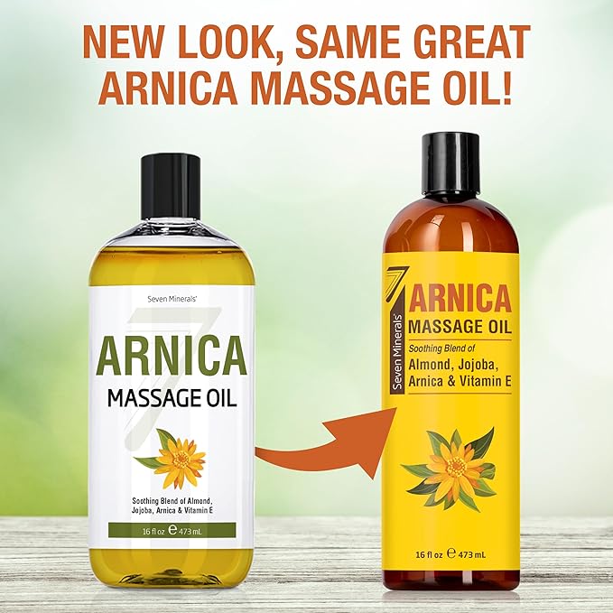 Seven Minerals Arnica Sore Muscle Massage Oil for Massage Therapy - Big 16 oz - Ideal for Professional or at-Home Body Massage. Soothing Natural Blend of Almond, Jojoba & Vitamin E