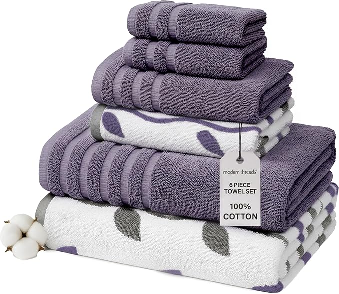 Modern Threads Organic Vines 6-Piece 100% Cotton Towel Set – Yarn Dyed Jacquard & Solid – Includes 2 Bath Towels, 2 Hand Towels, 2 Washcloths – Absorbent, Quick Dry, Soft & Durable – Lavender