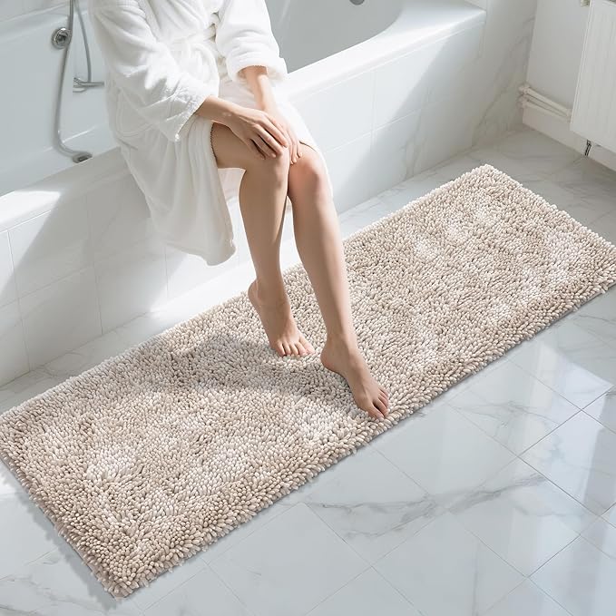 Yimobra Long Bathroom Rugs Runner 70x24 Inch, Extra Thick Soft Absorbent Chenille Bath Mat, Non Slip Machine Washable, Quick Dry Bath Rugs for Bathroom Floor, Tub and Shower, Khaki