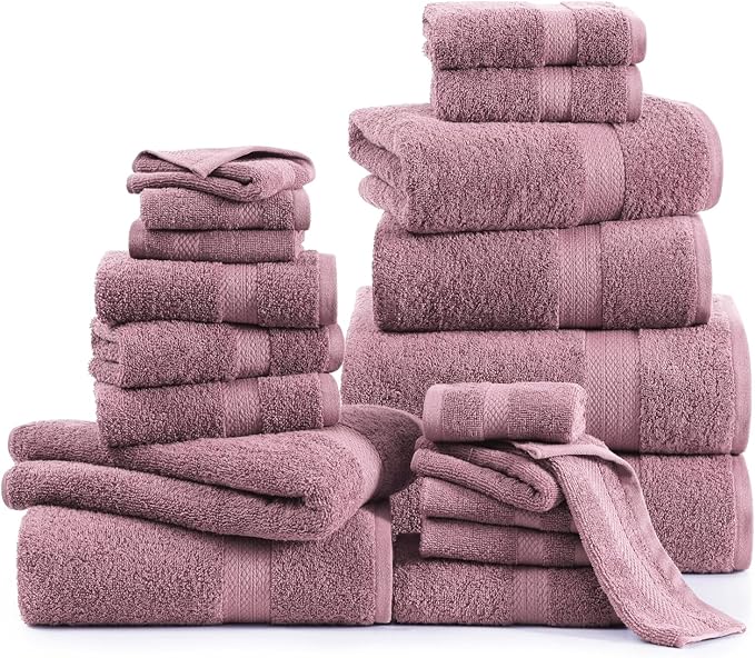 LANE LINEN Bathroom Towels Set - 24 PCs - 100% Ring Spun Cotton - Quick Dry, Soft & Absorbent - 4 Bath, 4 Fingertip, 6 Hand Towel, 8 Washcloths, 2 Bath Sheets - Towels for Regular Use - Wistful Mauve