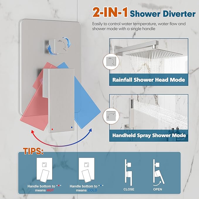 Shower System, 10'' High Pressure Brushed Nickel Shower Head with Handheld Spray Combo, Included 59'' Shower Hose, Shower Trim Kit and 2-IN-1 Diverter, Bathroom Shower Faucet Set with Valve