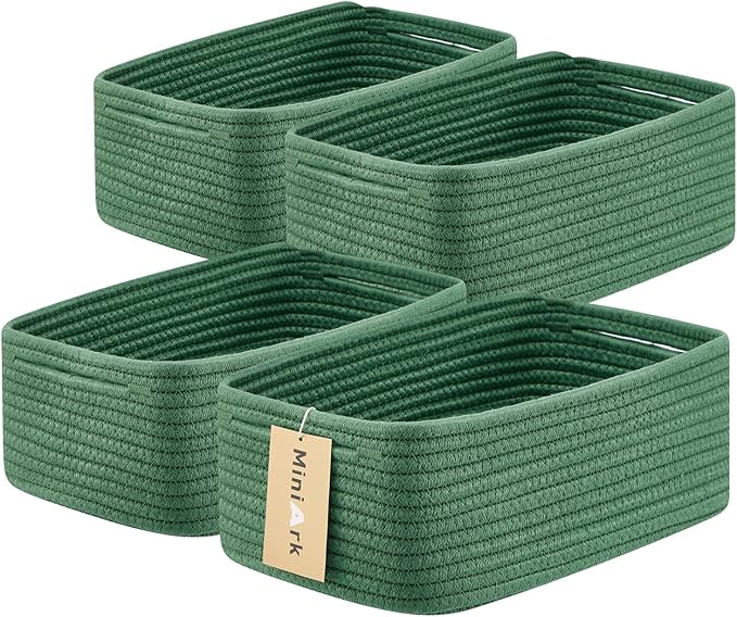 Small Storage Baskets for Organizing | Closet Organizer Bins | Shelf Toy Basket | Woven Rope Baskets | Cube Decorative Box | Shallow Basket | 13x8.5x5.1” | 4 Packs Green