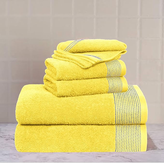 Belizzi Home 100% Cotton Ultra Soft 6 Pack Towel Set, Contains 2 Bath Towels 28x55 inchs, 2 Hand Towels 16x24 inchs & 2 Washcloths 12x12 inchs, Compact Lightweight & Highly Absorbant - Yellow