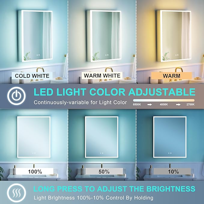 WELLFOR 24" X 30" Medicine Cabinet With Lights, 3X Magnification, Anti-Fog Mirrored Cabinet, Bathroom Vanity With Outlets & USB Ports, Right Opening Door