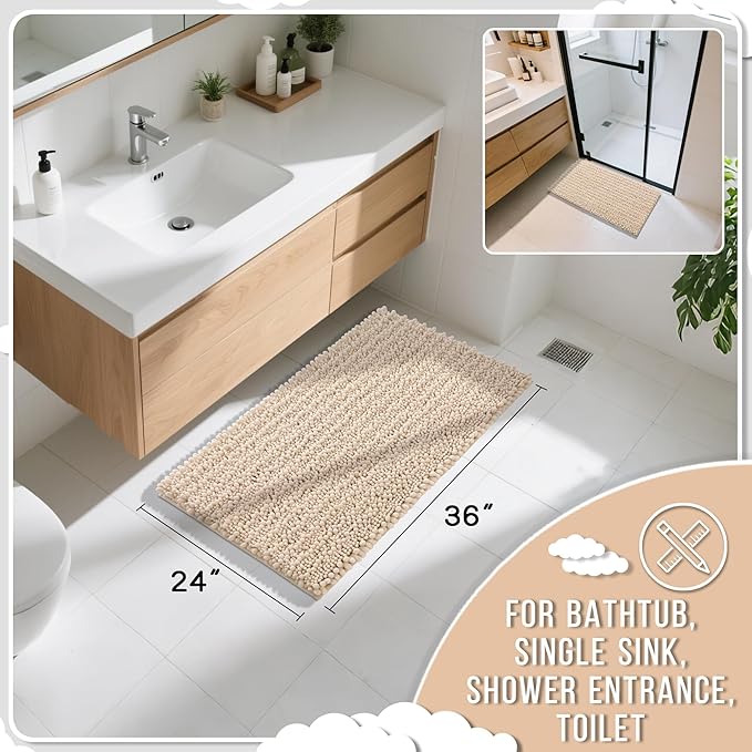 Yimobra Large Bathroom Rugs Non Slip Washable 36x24 Inch - Ultra Soft Absorbent Chenille Bath Mat, Quick Dry Shaggy Floor Carpet for Tub Shower, Light Brown Home Decor Accessories