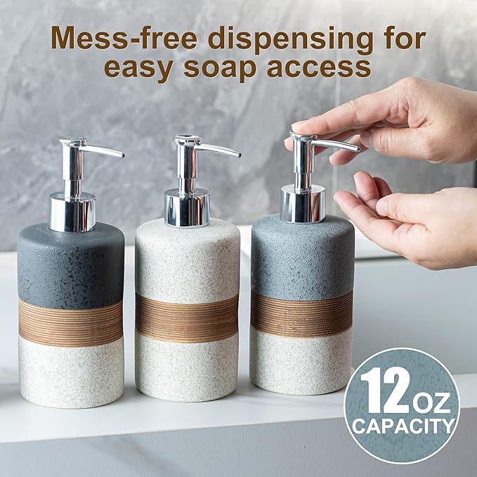 2-Pack Ceramic Soap Dispensers Set, Includes Stainless Steel Pump, Silicone Funnel and Diatomaceous Tray, Hand Soap, Dish Soap, Shampoo and Conditioner Dispenser for Bathroom & Washroom, White