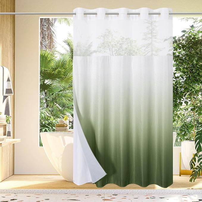 Gibelle No Hook Waffle Weave Shower Curtain with Snap-in Fabric Liner Set for Bathroom, Hotel Style with Mesh Top Window, Waterproof & Washable, Ombre Sage Green, 72x74
