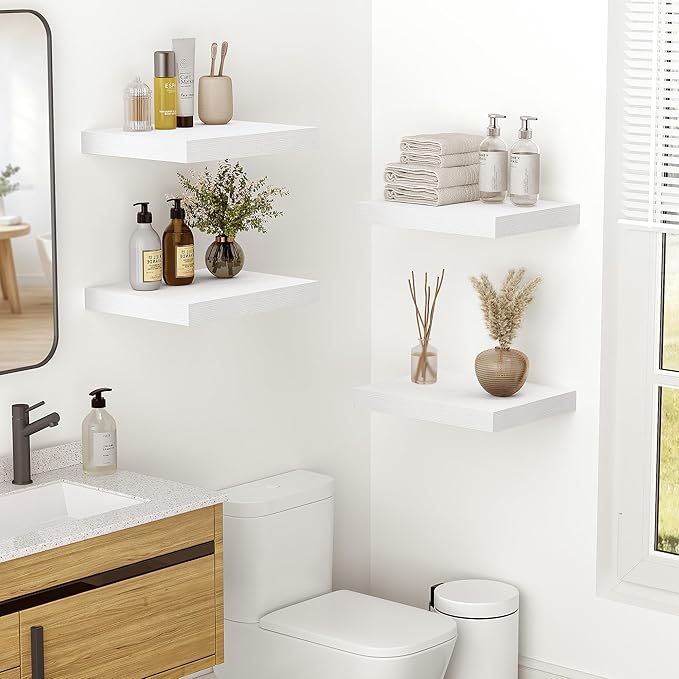 Vivelove 10 in Deep Floating Shelves for Wall, 10.2" x 10.2" x 1.5" Shelves for Room Wall Mounted, 1.5 Inch Thick Shelf for Bathroom Bedroom Kitchen Book Room, Modern Farmhouse Decor, Set of 2, White