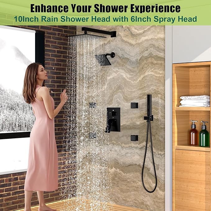 Enga Dual Shower Head Shower System with Body Jets, Wall Mount 10+6" Dual Rain Shower Head with 2 in 1 Handheld Spray for Two People, Shower Faucet Set with Valve Kit, Matte Black