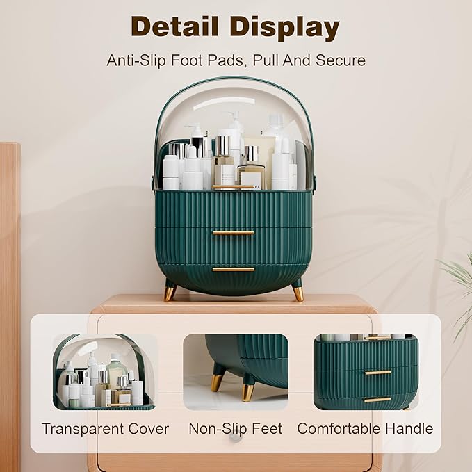 Makeup Organizers and Storage Make up Organizer for Vanity Cosmetics Skincare With Lid and Drawers Display Cases for Countertop Bathroom Women Teenager Girl Gifts(Dark Green)