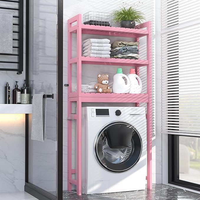 Homykic Bamboo Over The Toilet Storage Shelves, 3-Tier Above Toilet Storage Organizer Rack with 3 Hooks, Freestanding Bathroom Tower Shelf Unit for Small Space, No Rust, Easy to Assemble, Pink