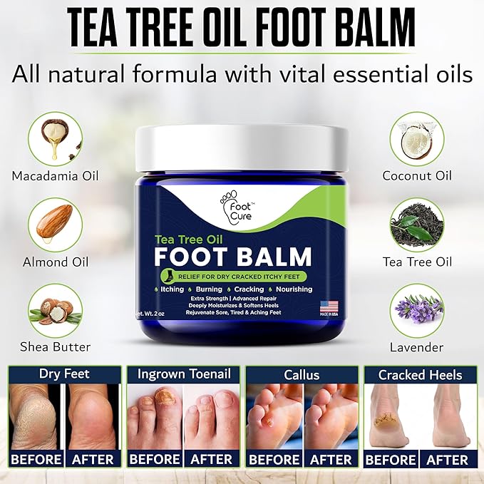 FOOT CURE Tea Tree Oil Balm – Moisturizer for Dry Cracked Feet – Instantly Hydrates & Soothes Irritated Skin & Athlete's Foot – Best Foot Care for Women and Men (Pack of 2)