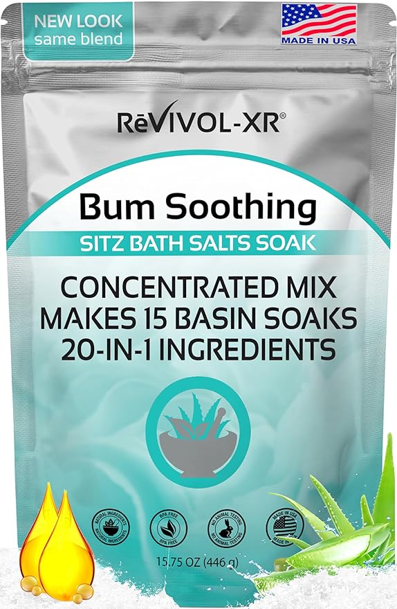 Sitz Bath for Hemorrhoids Soothing 20-in-1 Salts Mix + E Oils, 15 Soaks Concentrate for Toilet Seat Basin – Comfort Relief, Made in USA with Premium Natural Ingredients Including Aloe & Epsom Salts