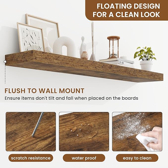 fuqing Floating Shelves for Wall, Wall Mounted Wood Floating Shelf with Invisible Brackets for Living Room, Bathroom, Bedroom, Kitchen Storage and Decor, 48 Inch Set of 2, Rustic Brown