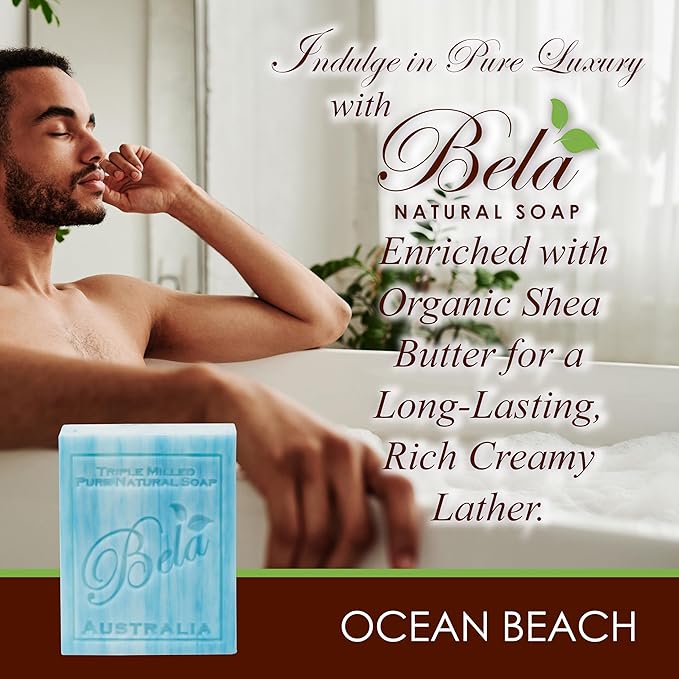 BELA Ocean Soap 3.3 OZ Pack of 6, Long Lasting French Triple Milled Bar Soap with Organic Shea Butter, Hand, Face and Body Wash Bar, Made in Australia