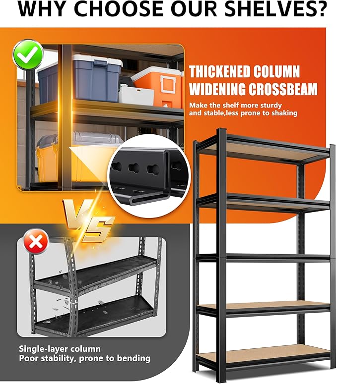 AOARGG Set of 2 Storage Shelves, 2500LBS Heavy Duty Garage Shelving, 5-Tier Metal Shelf, Adjustable Shelving Unit, for Kitchen, Basement, Warehouse, Pantry, 19.7" Dx45.6 Wx78 H, Black