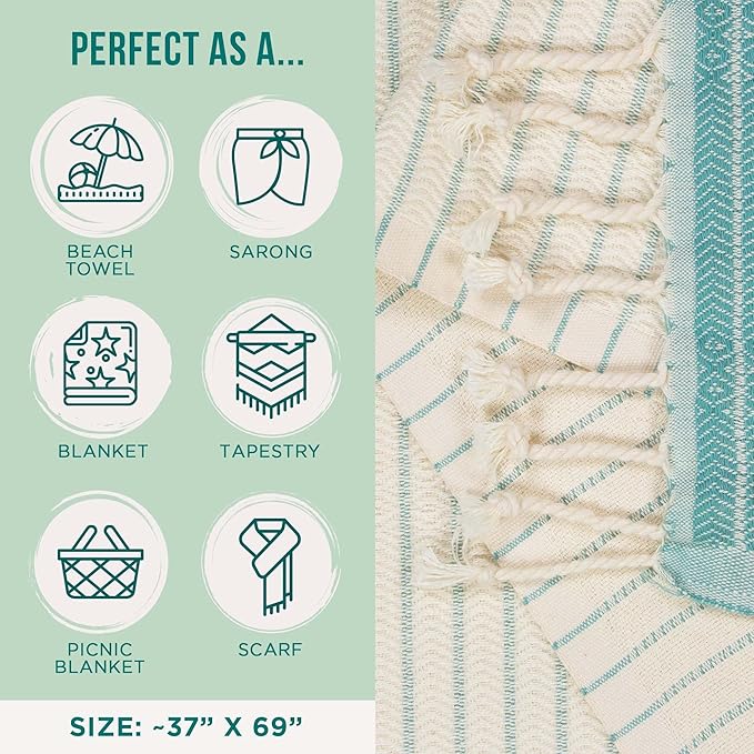 Sand Cloud Large Turkish Beach Towel - Sand Free - 100% Organic Turkish Cotton Yarn - Quick Dry Towel for Beach, Picnic Blanket or Throw - As Seen on Shark Tank - Boho Turquoise XL