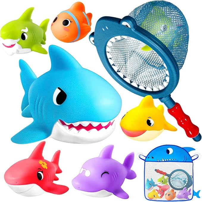 No Hole Bath Toys for Kids - Shark Bath Toys Set with Bath Net & Storage - Floating Toys for Water Pool Shower