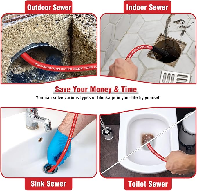 Sewer Jetter Kit 200FT for Pressure Washer, 5800 PSI Drain Cleaner Hose 1/4 Inch NPT with Spray Nozzle, Button Nose and Rotating Sewer Jetting Nozzle, Spanner Teflon Tape Pearl Corsage Pin